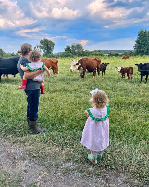 A mother holds her toddler while watching a herd of cows in a lush green field under a partly cloudy sky, showcasing a serene rural lifestyle.