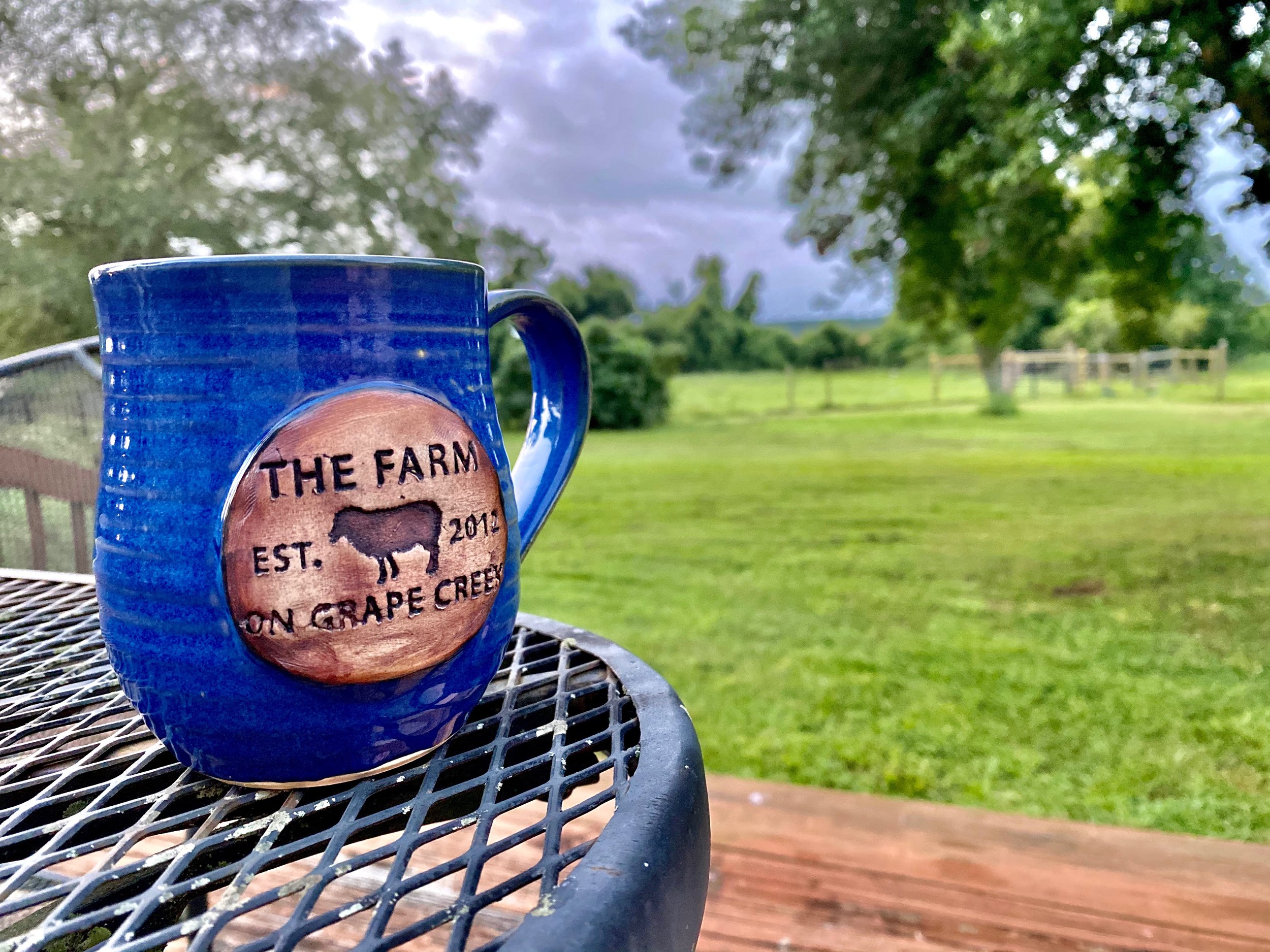 Blue ceramic mug featuring a wooden emblem with "THE FARM EST. 2012 on Grape Creek," set on a black metal table, with a lush green pasture and trees in the background under a cloudy sky.