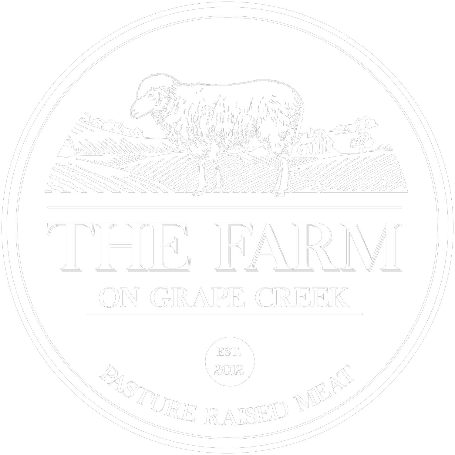 Logo of The Farm on Grape Creek, established in 2012, featuring a sheep and emphasizing pasture-raised meat.